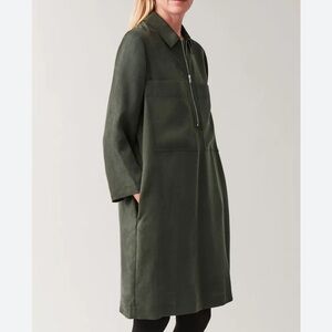 COS olive green shirt dress oversized lagenlook mini zip long sleeve medium